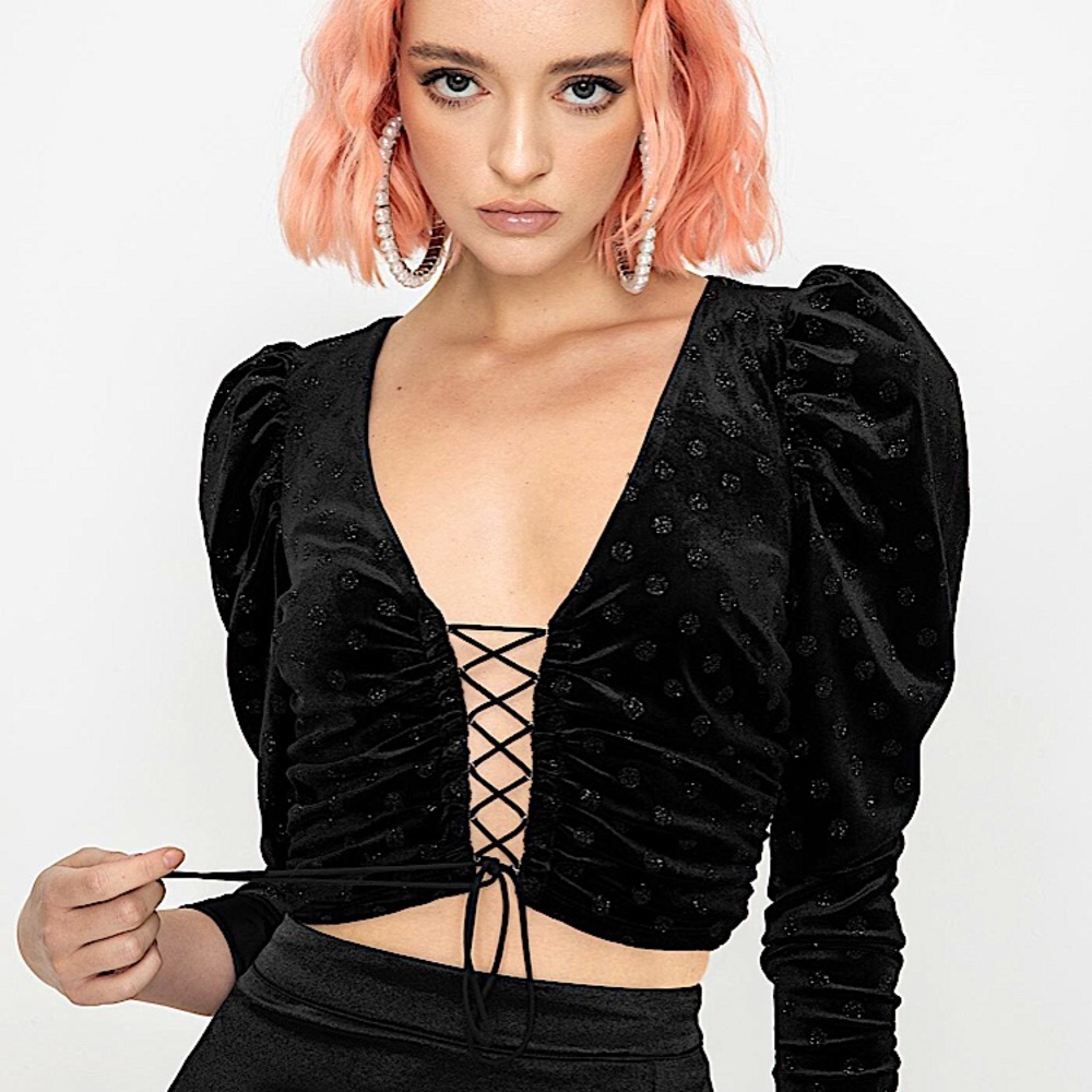 For Love And Lemons Black Lace-Up Crop Top